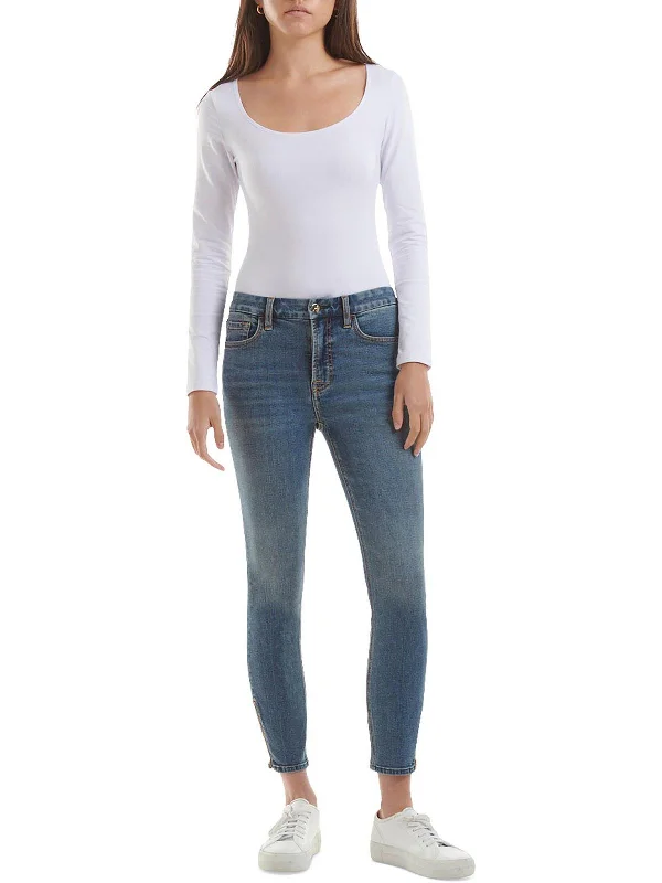 Womens Whiskered Front Zipper Hem Skinny Jeans