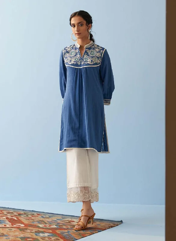 Blue Embroidered Thigh Length Crinkled Kurti