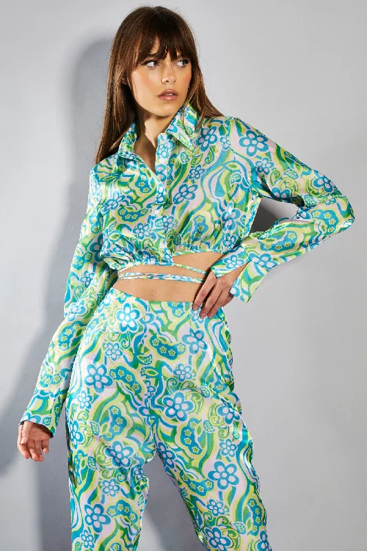 Glamorous Collection Metallic Swirl Floral Long Sleeve Cropped Sleeve with Waist Tie Detail