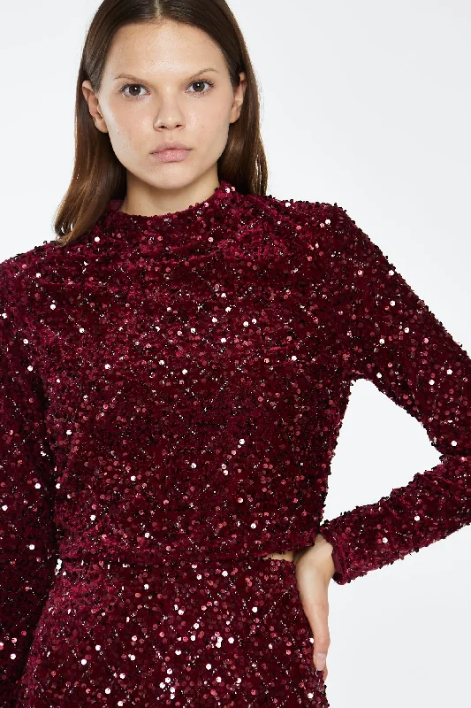 Port-Red Velvet-Sequin High Neck -Top