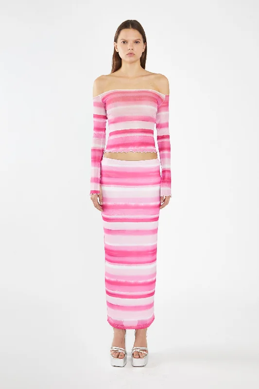 Pink Ombre-Stripe Mesh Off the Shoulder -Top