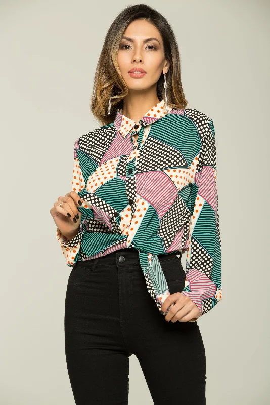 Polka and Stripes Print Button-up Top