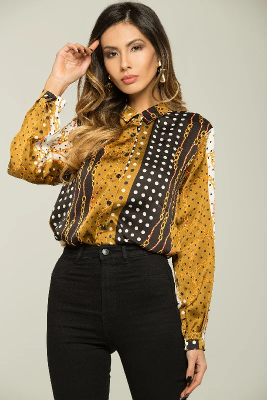 White and Black Dots with Gold Chains Print Button-up Top