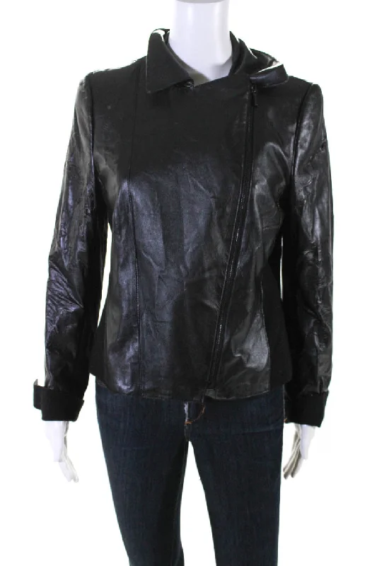 Akris Punto Womens Front Zip Collared Faux Leather Jacket Black