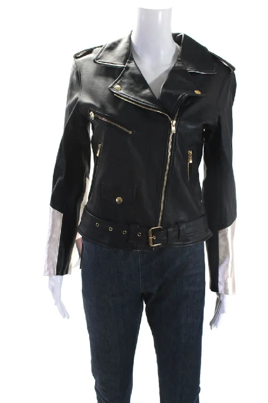 Alice Balas Womens Metallic Studded Leather Jacket Black Champagne