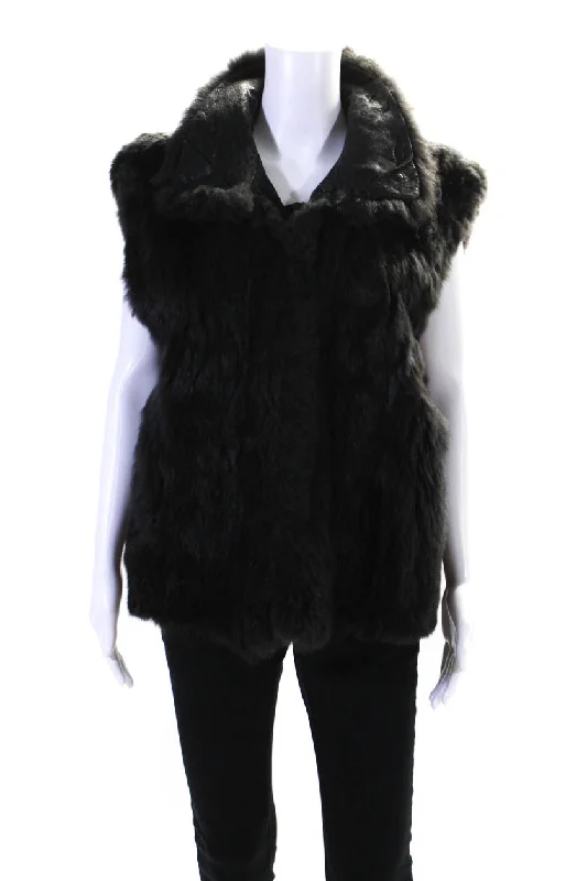 Andrew Marc Womens Fur Leather Trim Collared Zip Up Outerwear Vest Black