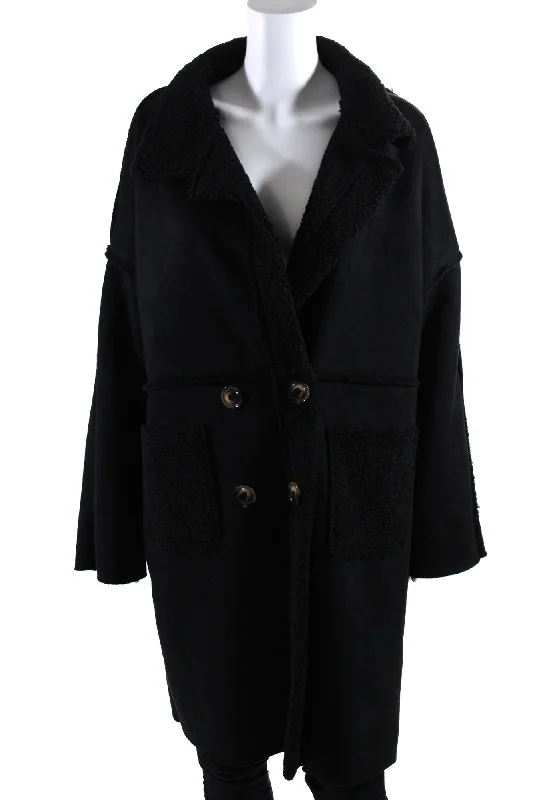 Apricot Womens Faux Shearling Double Breasted Collared Coat Black