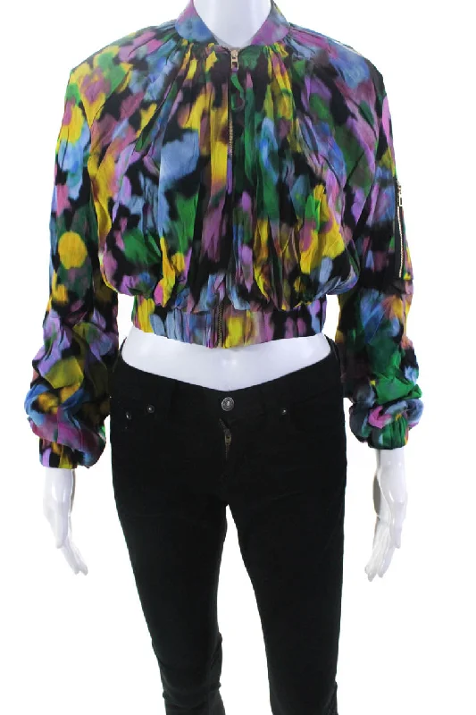 AZ Factory Womens Flowers Print Cropped Crepe Bomber Jacket Multicolor