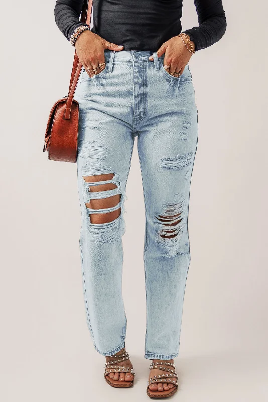 Beau Blue Vintage Acid Wash Distressed Straight Leg Ripped Jeans