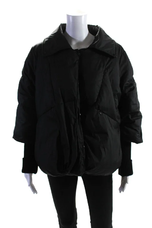 Daniella Erin NYC Womens Button Front Down Quilted Oversized Jacket Black Small