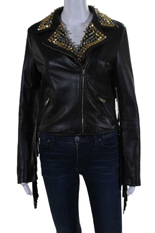 David 2 Womens Front Zip Studded Notched Lapel Fringe Leather Jacket Black IT 44