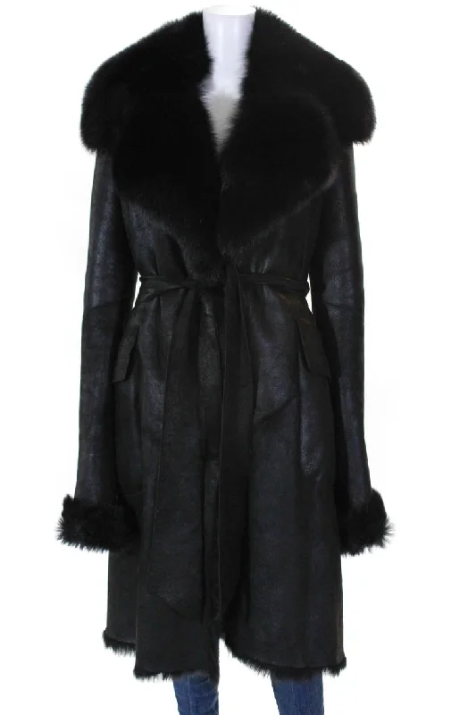 Designer Womens Toscana Shearling Belted Coat Black