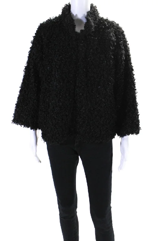 Gabby Isabella Womens Faux Curly Lamb Fur Hook & Eye Jacket Black