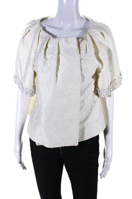 Giambattista Valli Womens Beaded Short Sleeve Jacquard Jacket White