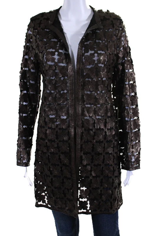 In Transit Womens Laser Cut Metallic Mesh Leather Jacket Dark Brown Black Medium