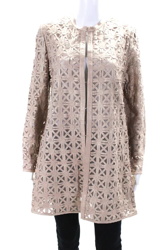 In Transit Womens Metallic Laser Cut Leather Mesh Hook & Eye Jacket Beige Large