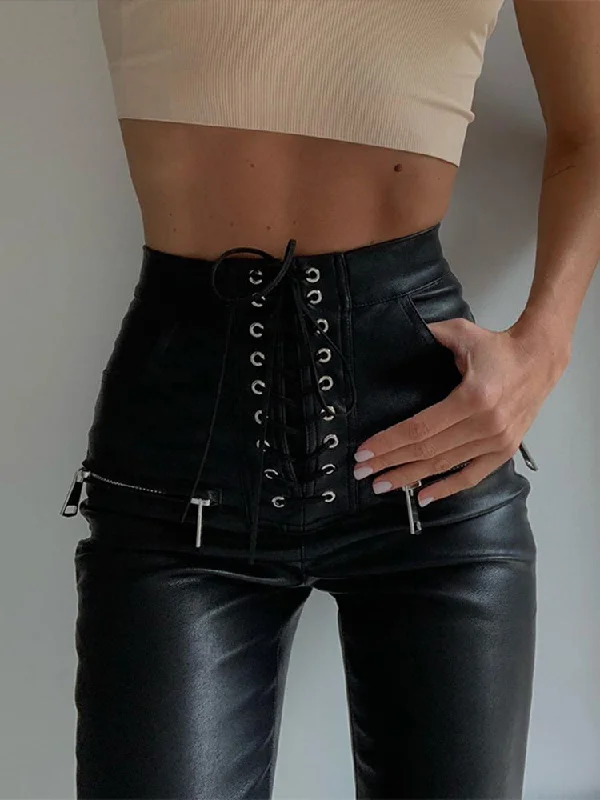 Amy Fashion - Black Faux PU Leather Pencil Pants