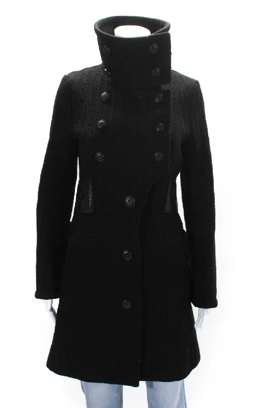 Mackage Womens Wool Leather Belt Button Up Mid Length Trench Coat Black