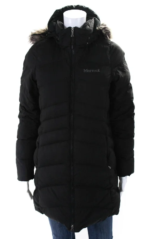 Marmot Womens Double Zip Faux Fur Hood Trim Down Puffer Coat Black