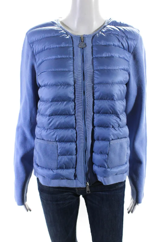 Moncler Womens Down Filled Quilted Zip Up Knit Puffer Maglia Jacket Sweater Blue