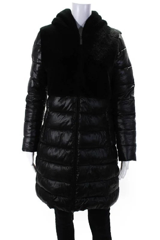 Natacha Womens Quilted Long Sleeve Full Zip Hooded Puffer Jacket Black