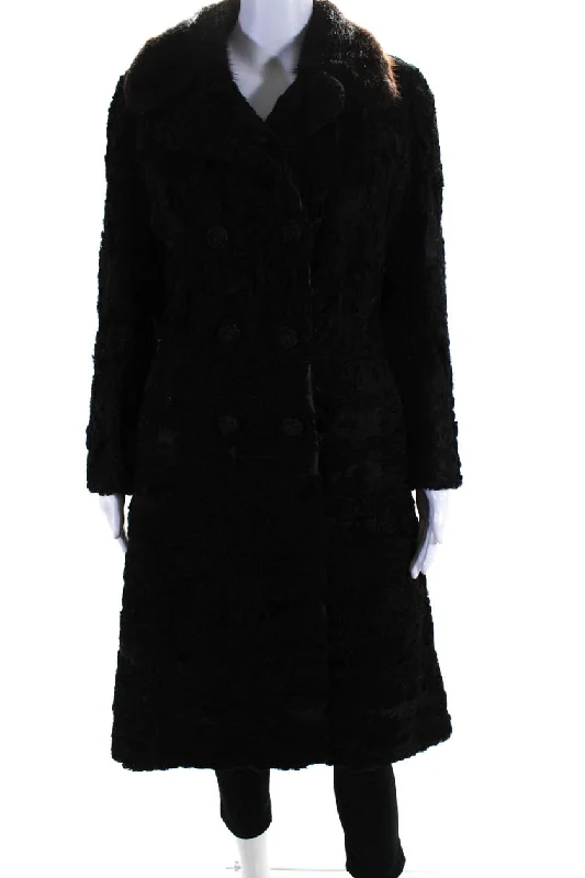 Nilssons Pals Womens Swakara Fox Trimmed Hook & Loop Trench Coat Black