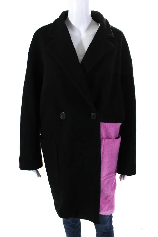 Peter Som Womens Colorblock Collared V-Neck Button Up Longline Coat Black