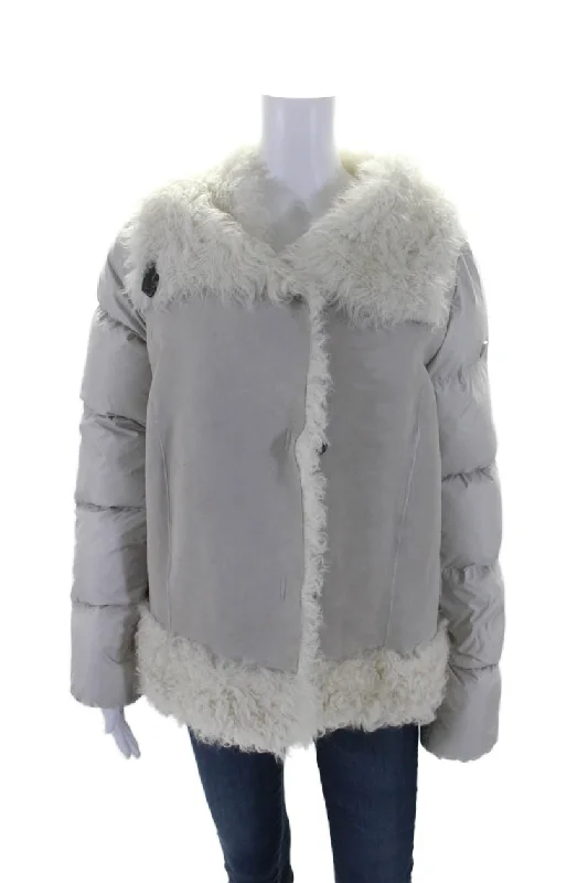 Post Card Womens Fur Trim Double Breasted Long Sleeves Jacket Gray