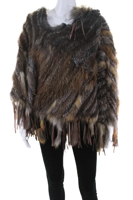 Rizal Womens Fox & Rabbit Fur Leather Fringe Poncho Brown One