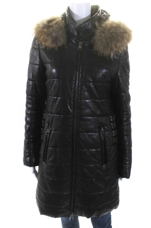 Rizal Womens Zip Up Leather Down Quilted Raccoon Fur Hooded Jacket Black Large