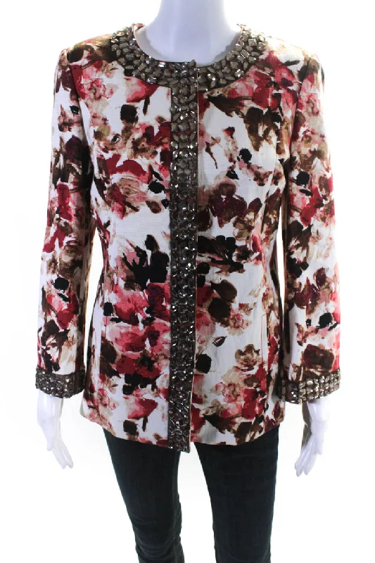 St. John Womens Button Front Crystal Trim Floral Jacket White Red