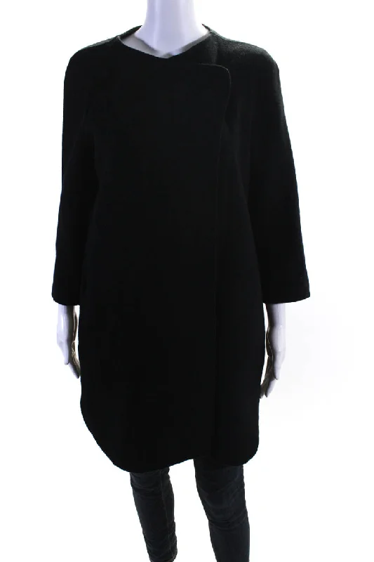 Vince Womens Wool Draped Open Front Round Neck Long Sleeve Coat Black