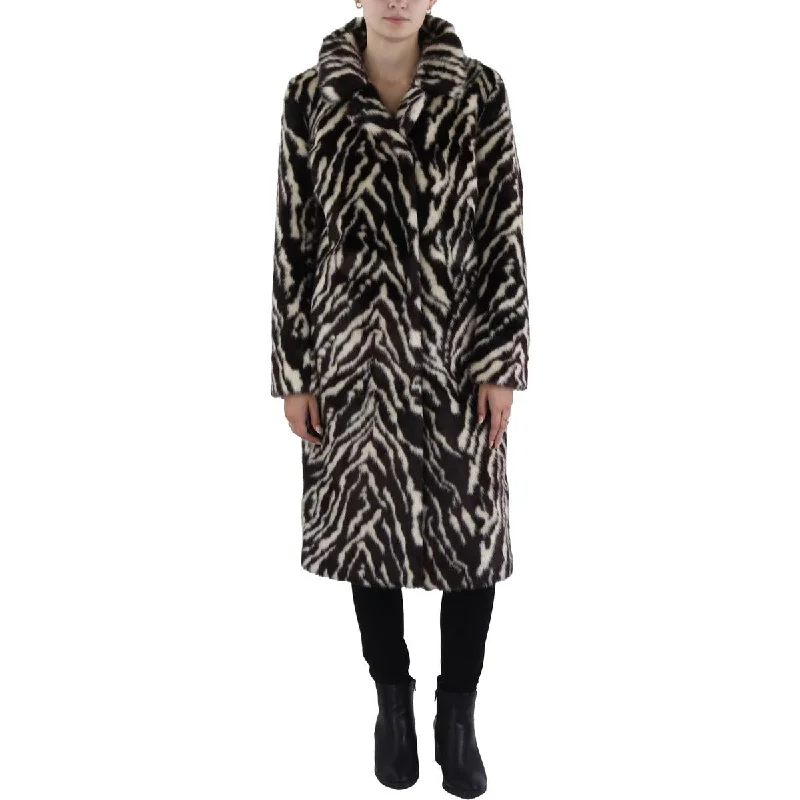 Donna Karan Womens Animal Print Midi Faux Fur Coat