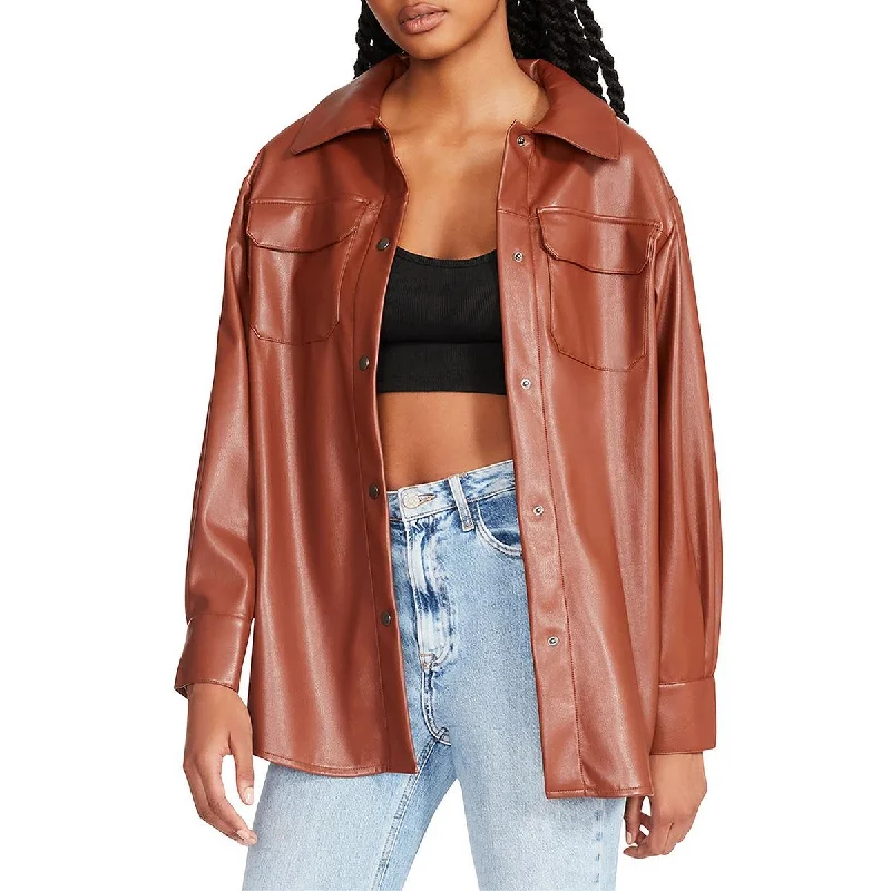 Steve Madden Womens Faux Leather Snap Front Shirt Jacket