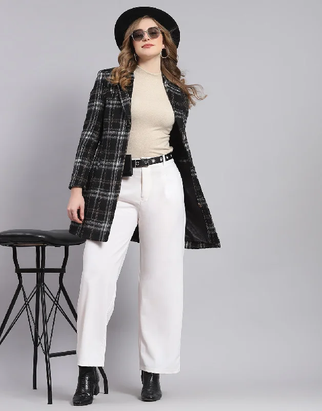 Women Black Check Lapel Collar Full Sleeve Coat