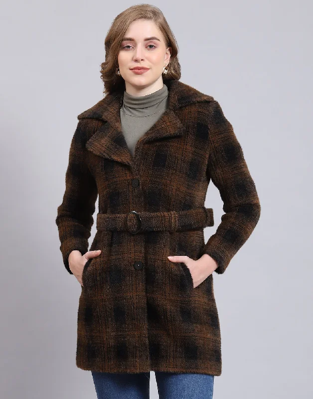 Women Brown Check Lapel Collar Full Sleeve Coat