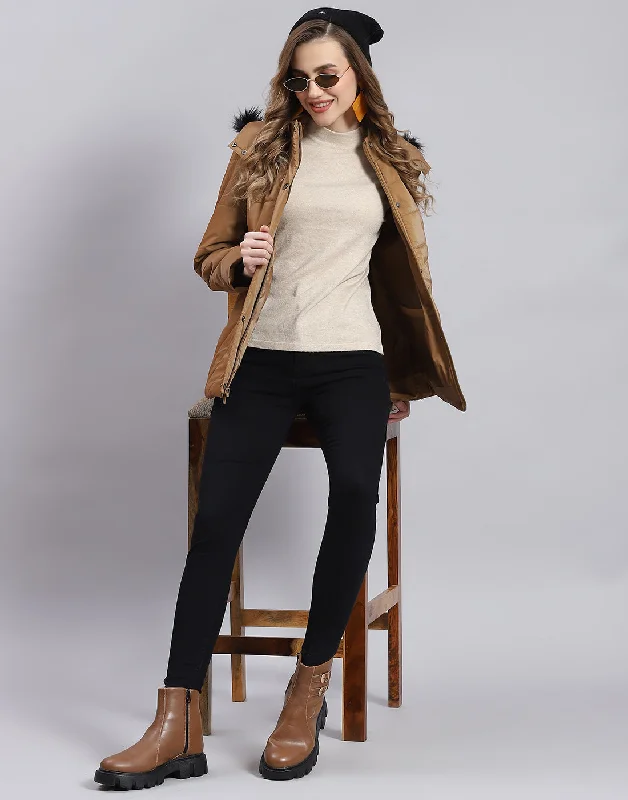 Women Brown Solid Hooded Full Sleeve Jacket