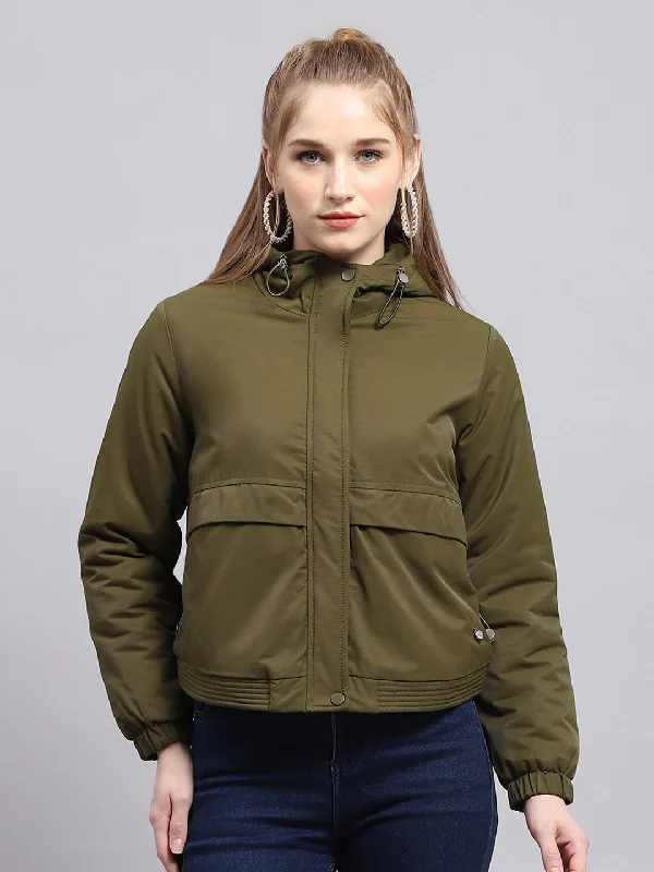 Women Green Solid Hooded Full Sleeve Jacket