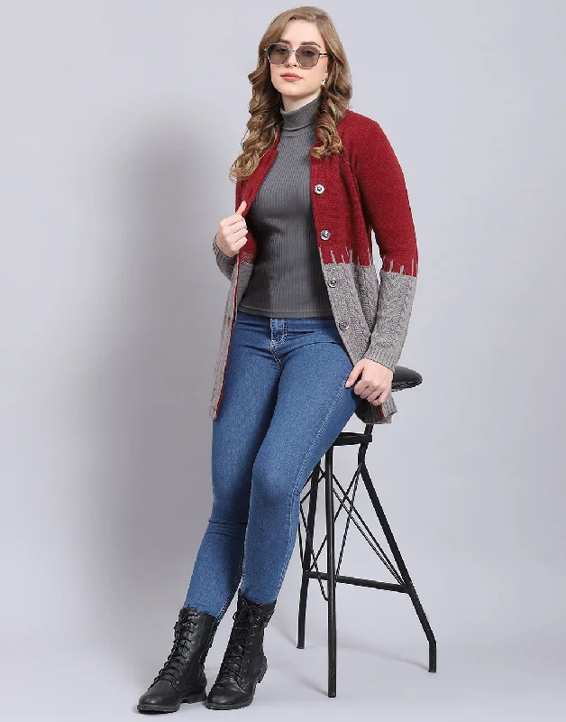 Women Maroon Self Design Round Neck Full Sleeve Coat