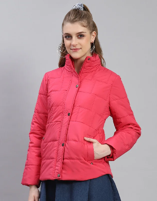 Women Pink Solid Stand Collar Full Sleeve Jacket