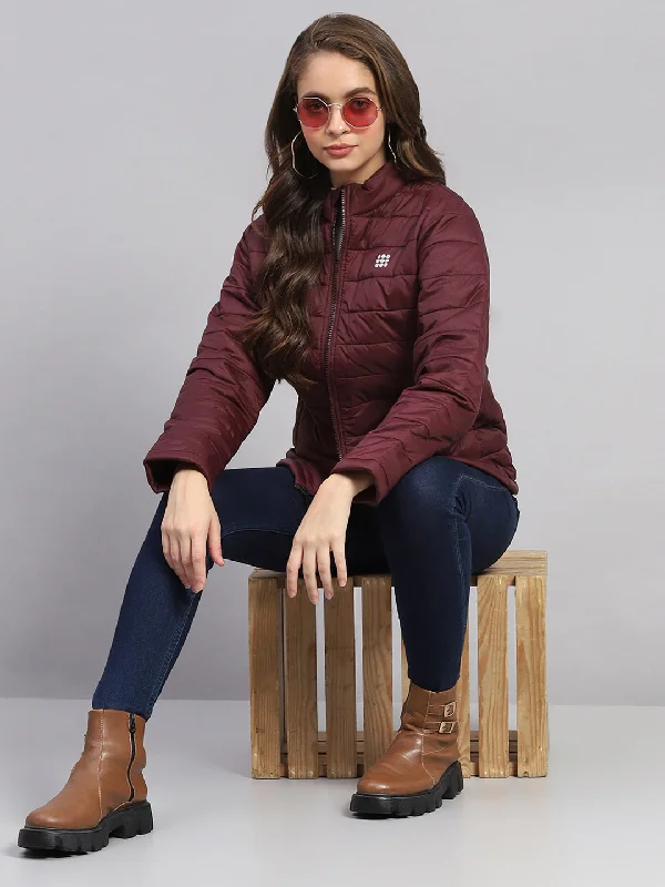 Women Rust Solid Mock Neck Full Sleeve Jacket