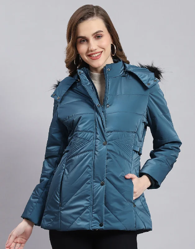 Women Teal Blue Solid Hooded Full Sleeve Jacket