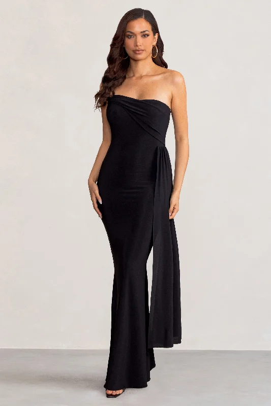 Aaliyah | Black Asymmetric Bardot Maxi Dress with Drape