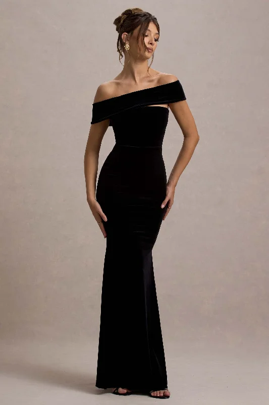 Candela | Black Velvet Asymmetric Bardot Maxi Dress