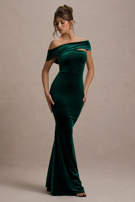 Candela | Bottle Green Velvet Asymmetric Bardot Maxi Dress