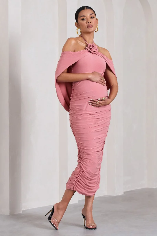 Daisy | Blush Pink Ruched Flower Halter-Neck Drape-Sleeve Maternity Midi Dress