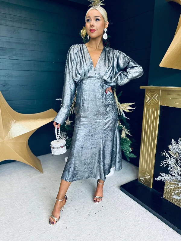 Evana Batwing Metallic Midi Dress Silver