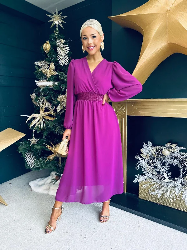 Julia Sequin Banded Midi Dress Berry