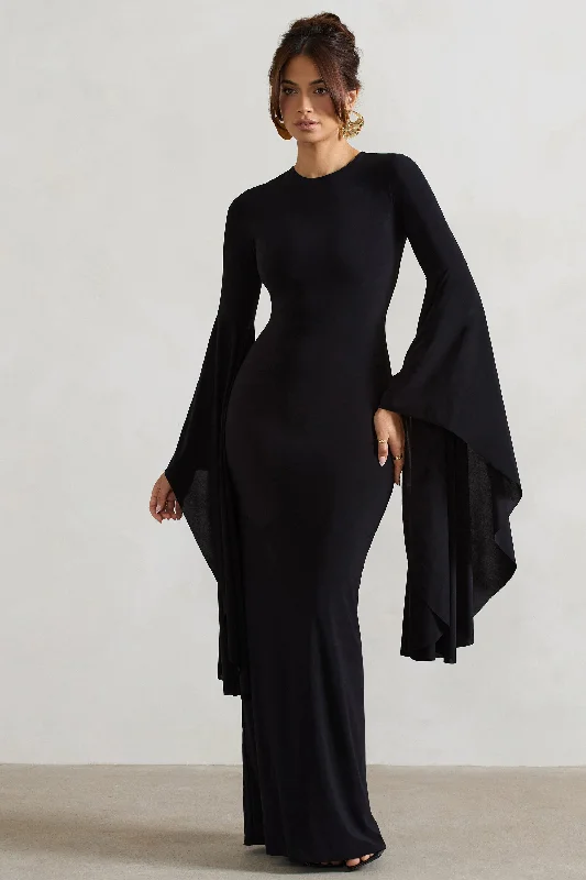 Modena | Black Waterfall Sleeve Maxi Dress