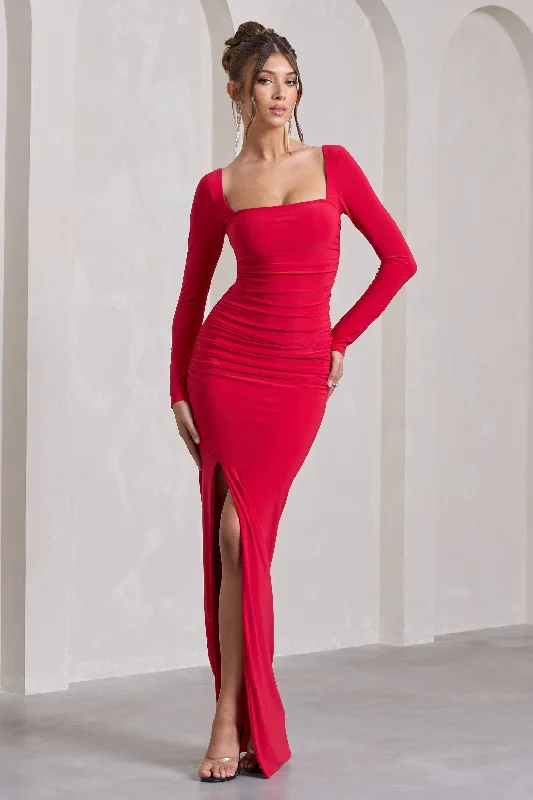 My Pleasure | Red Square Neck Ruched Maxi Dress